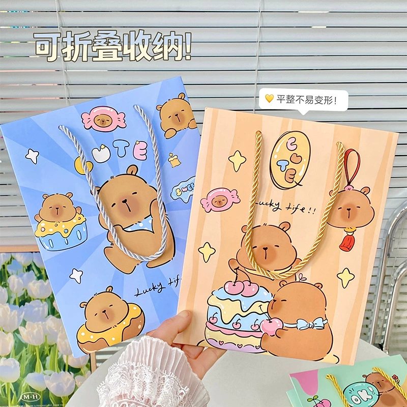 Подарочный пакет Kapibala с эффектом льна, милый мультяшный рисунок, шнуровая ручка, 4 цвета