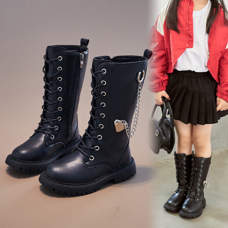 Girls' single leather boots 2023 autumn and winter long boots medium and big children's fashion long boots little girl's super-moving leather all-match leather boots