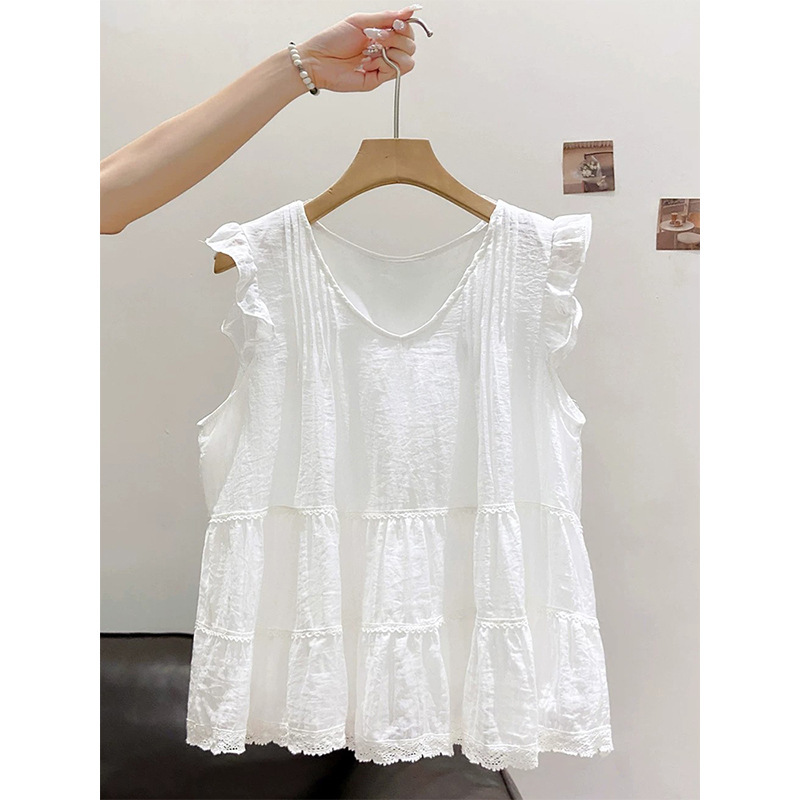 Purely desirable style ruffled sleeveless V-neck babydoll shirt for women, new summer loose-fitting slimming shirt, suitable for commuting and youthful appearance Purely desirable style ruffled sleeveless V-neck babydoll shirt for women, new summer loose-fitting slimming shirt, suitable for commuting and youthful appearance