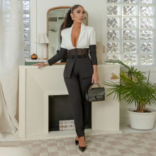 X20007亚马逊货源欧美女装爆款青果领西服撞色拼接休闲两件套秋款