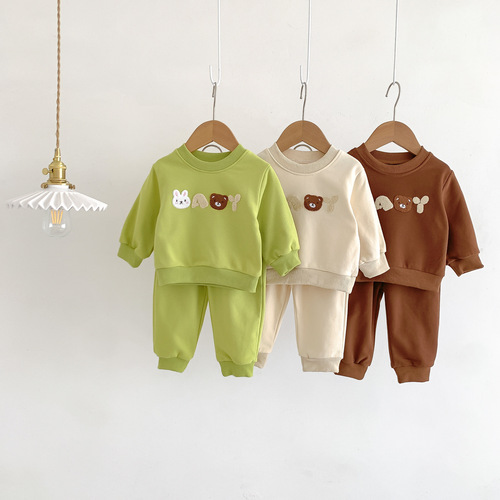 Baby's cute teddy bear letter unisex casual set, two-piece long sleeve t-shirt and pants from Korea