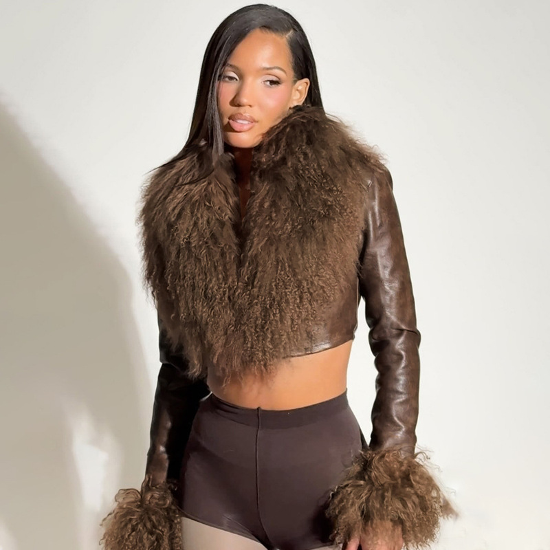 European and American Ins Autumn and Winter New Women's Fashion Fur Collar Tassel Splicing Long-Sleeved V Neck Leather Short Slim Jacket European and American Ins Autumn and Winter New Women's Fashion Fur Collar Tassel Splicing Long-Sleeved V Neck Leather Short Slim Jacket