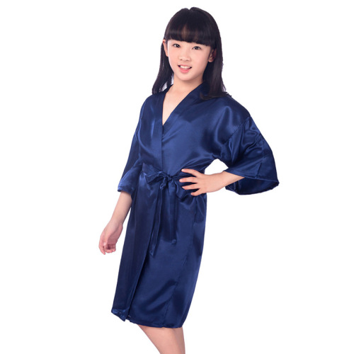 Children's Twisted Satin Silk Nightgown Bathrobe Medium and Large Children's Long Plain Glossy Summer Thin Cardigan Robe