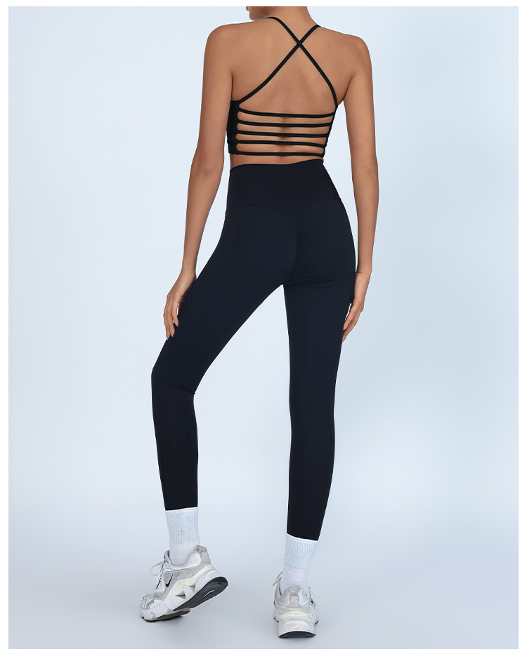Traje de fitness deportivo de comercio exterior europeo y americano, desnudo femenino con almohadilla para el pecho, chaleco trasero de yoga, cintura alta, pantalones de melocotón de secado rápido image 8