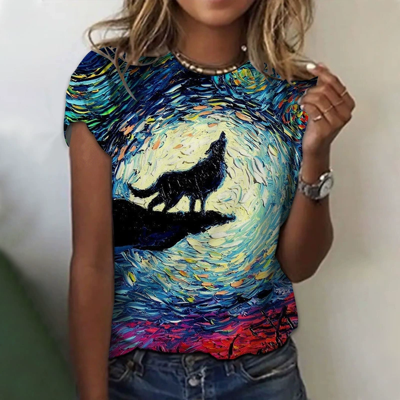 Женская летняя футболка с круглым вырезом AliExpress на Amazon, летняя Свободная Повседневная Свободная футболка с рисунком звездного неба животных