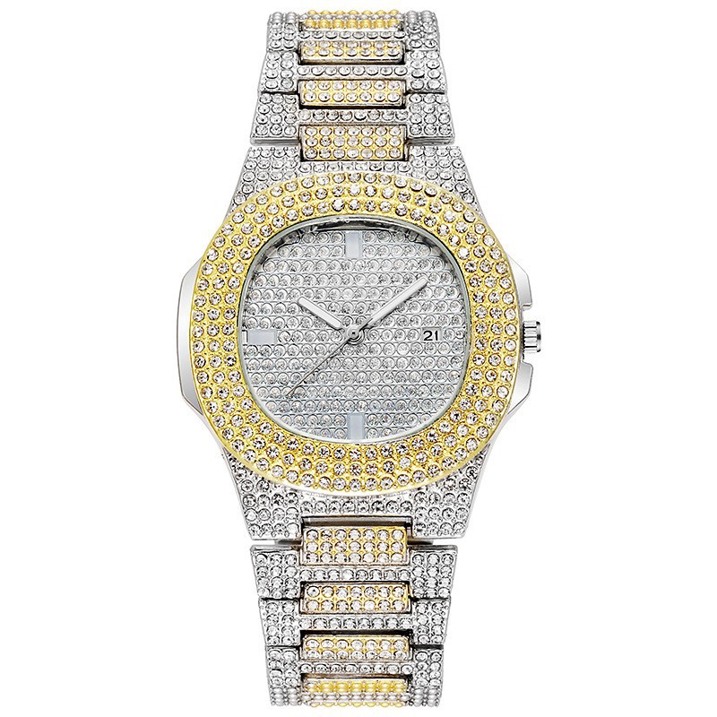 Elementos de hip-hop europeos y americanos Reloj de moda con diamantes completos para hombres y mujeres Reloj cuadrado grande de oro Reloj de cuarzo con banda de acero de tendencia de moda