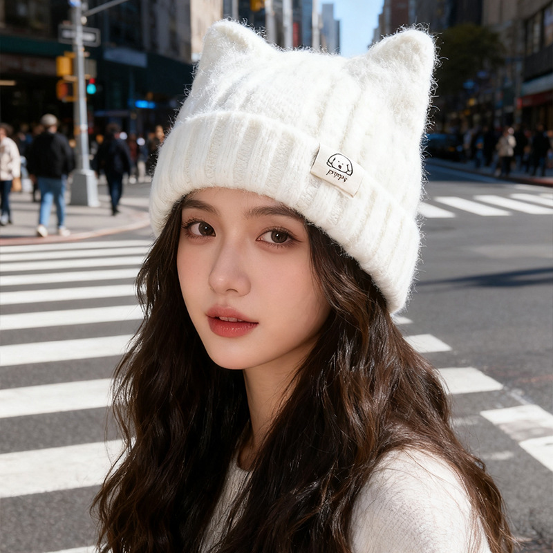 韩版猫耳朵毛线帽子女冬2025新款保暖护耳针织帽显脸小可爱套头帽|undefined