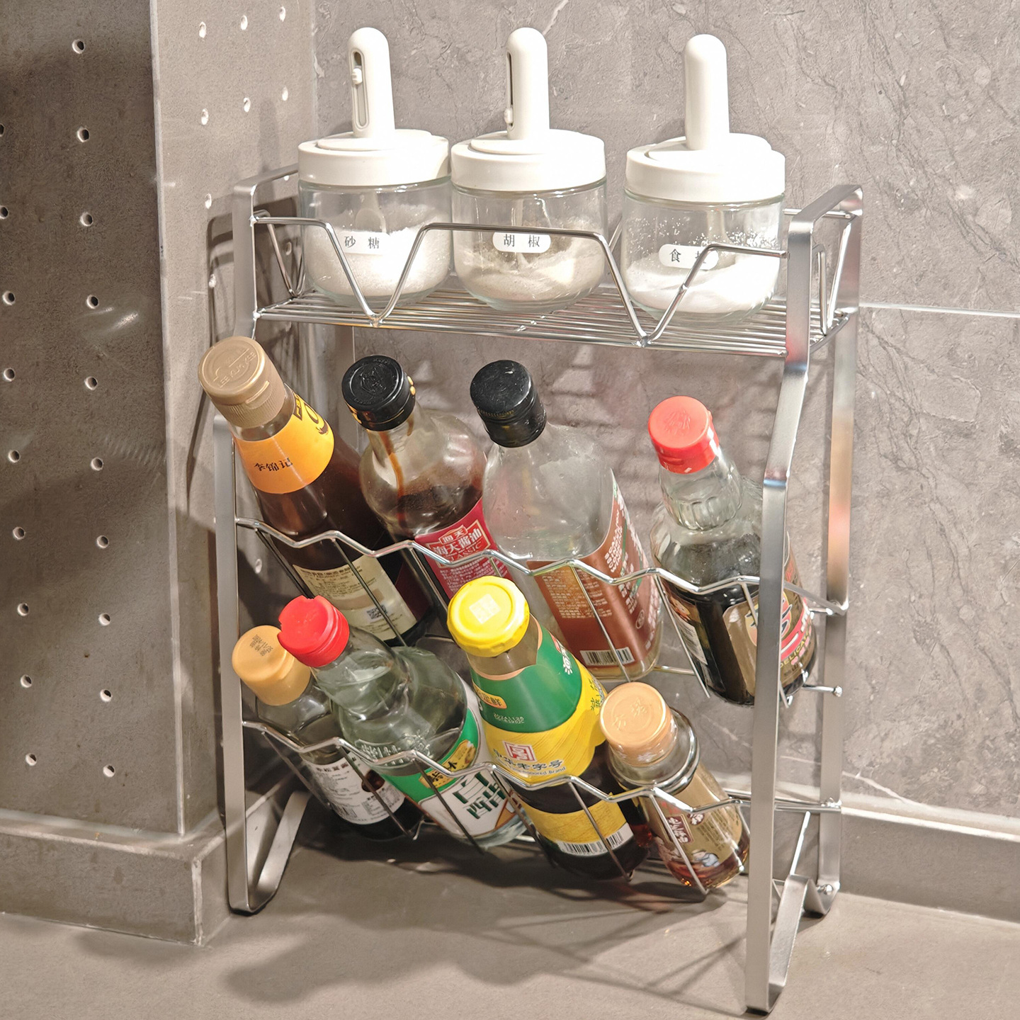 Wholesale Stainless Steel Kitchen Spice Storage Rack Without Installation Countertop Multi-Functional Oil Salt Sauce Vinegar Bottle Jar Spice Storage