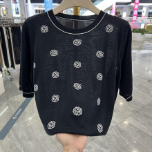 年轻妈妈装圆领短袖冰丝针织小衫夏季薄款洋气宽松中老年T恤上衣