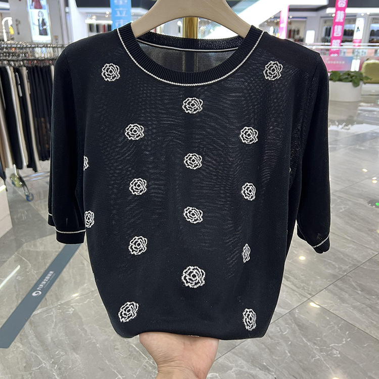 Young Mother's Round Neck Short-Sleeved Ice Silk Knitted Shirt Summer Thin Style Loose Middle-Aged and Elderly T-Shirt Top