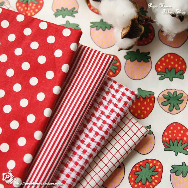 PopoHouse红色水玉点点条纹格子斜纹棉布料床品服装面料手工diy