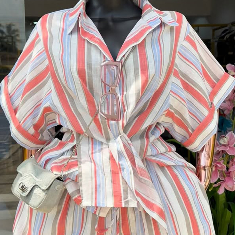 Women's Fashion Lapel Striped Shirt And Wide Leg Shorts Set Spring Tie Detail Short Sleeve Clothing European American Style_voghion.com