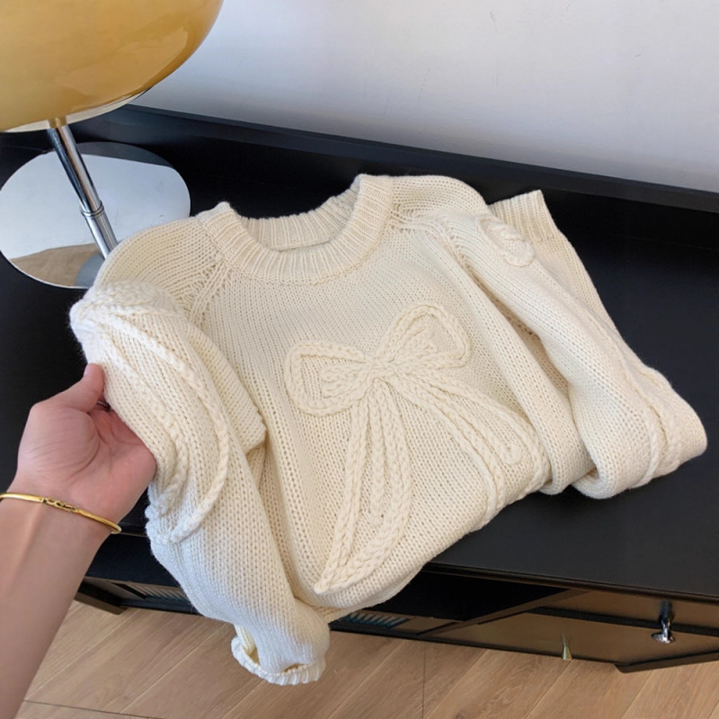 韩系甜美手工蝴蝶结短款圆领毛衣女秋冬重工粗针百搭套头针织上衣|undefined