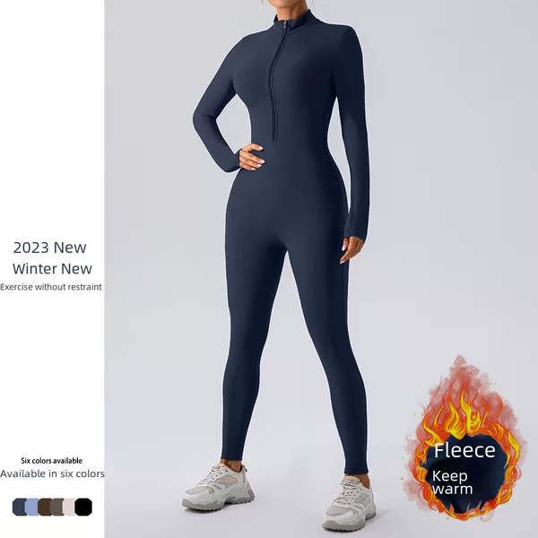 European and American Popular Winter Velvet One-Piece Yoga Wear Long-Sleeved Warm Outer Wear Fitness Sports One-Piece Bodysuit for Women