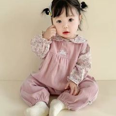 宝宝套装春秋款甜美碎花娃娃领衬衫刺绣背带裤两件套秋天婴儿衣服