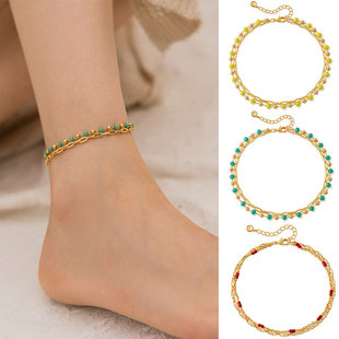 Xilong Cross-Border Anklet Color-Preserving Copper Real Gold Electroplated Rice Beads Handmade Chain Beaded Multi-Layered Stacked Elements Simple Beach