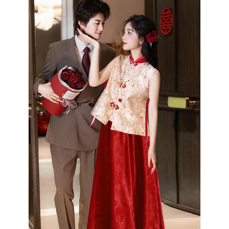 New Chinese-Style Maternity Qipao Toast Dress Bride Engagement Red Gown Plus Size for Chubby Women Tummy-Covering Wedding Casual Wear