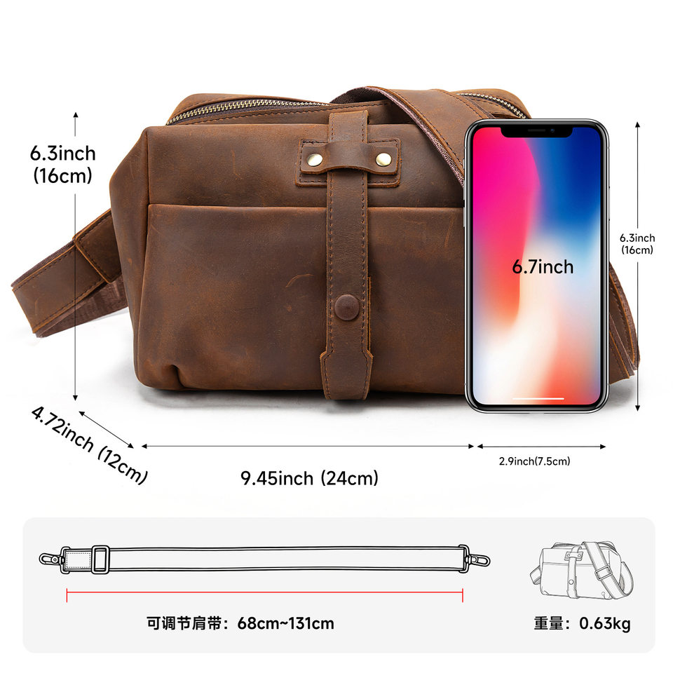 Túi đeo chéo nam da bò thật lớp đầu kiểu cổ điển, đeo ngực đựng máy ảnh, đựng iPad 10 inch — Màu cà phê, Màu nâu