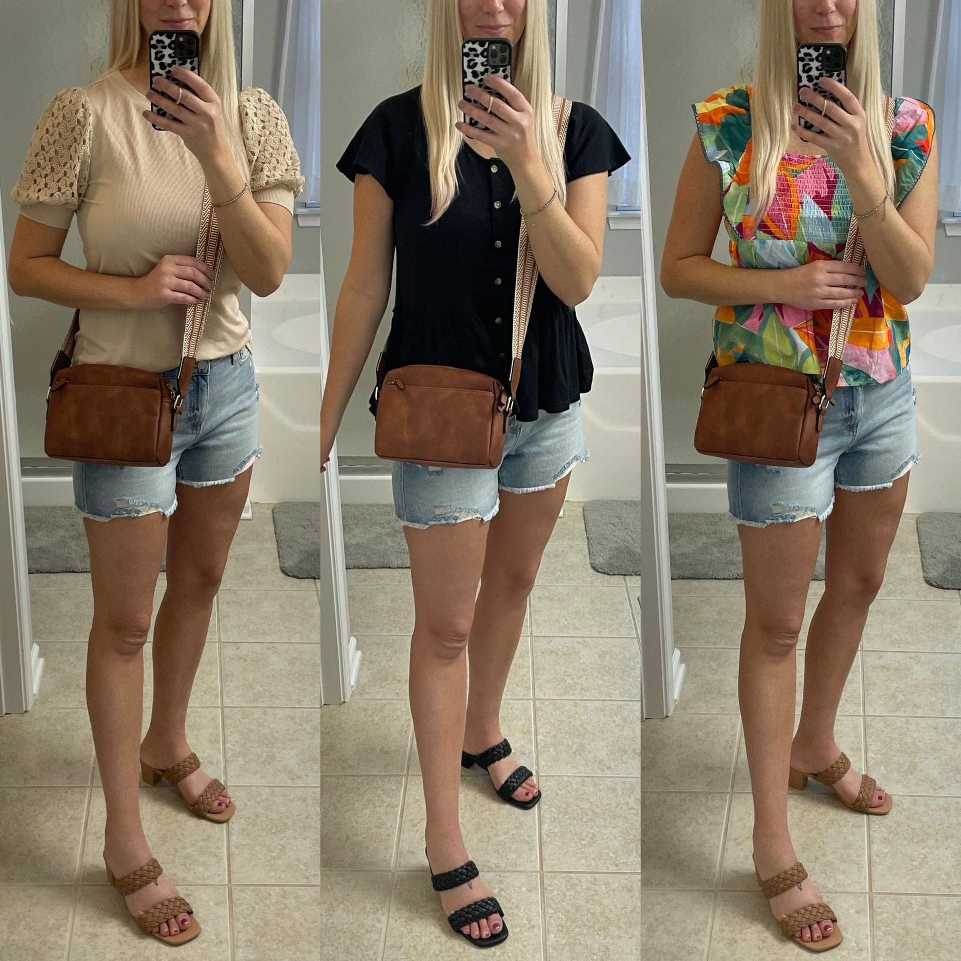 New women's small crossbody bag, three zippered mobile phone newspaper, leather small bag, colored shoulder strap single shoulder bag_voghion.com