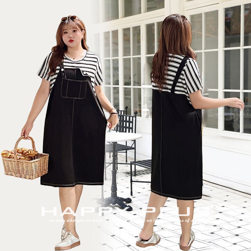 Runchi Plus Size Striped Patchwork Casual Faux Two-Piece Extended Strap Dress 8737 Faux Two-Piece Preppy Style Dress