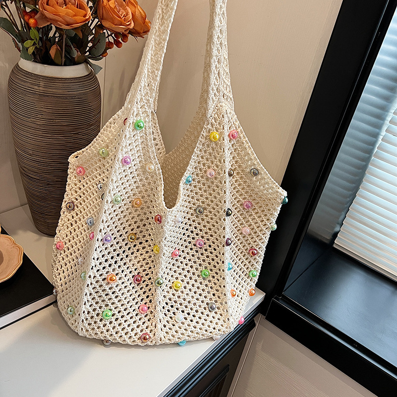 Beaded Open Knit Integrated Handle Soft Tote Bag 5