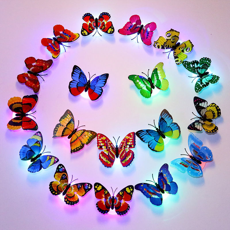 七彩发光3d立体夜光LED蝴蝶发光玩具客厅自粘贴画儿童房幼儿园贴
