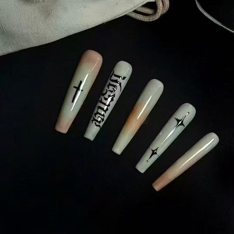 Gothic Cross European and American Style Long False Nails with Blush Letter Design, Direct Wholesale from Cross-Border Factory