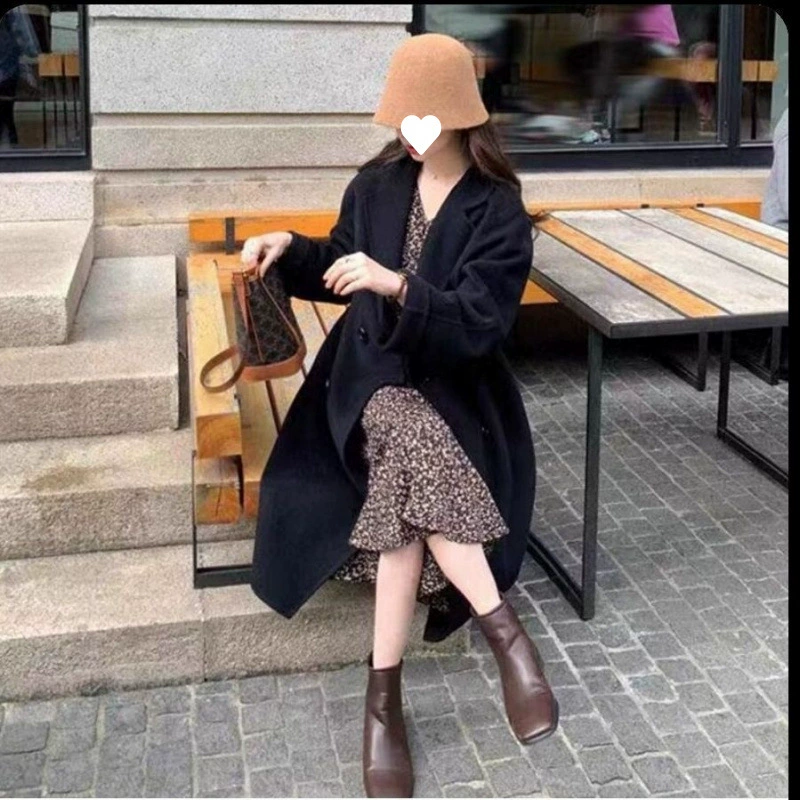 Double-sided woolen demi-season long jacket, cashmere, Korean style, loose fit, mid-length, plus size