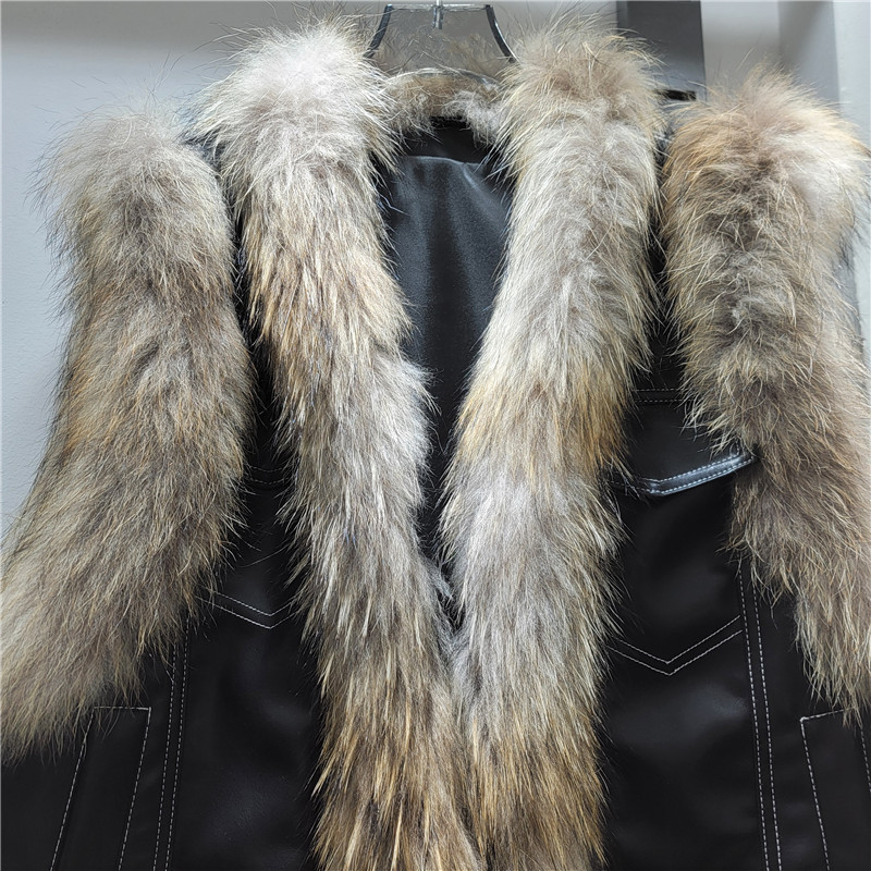2025 invierno nuevo temperamento de moda versátil delgado chaleco de cuero PU empalmado de lana de bordes de manga clips