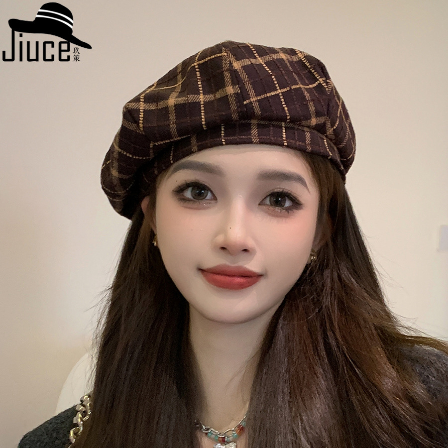 New British Retro Plaid Beret Hat Autumn And Winter New Korean Casual Painter Hat Women's Simple Woolen Bud Hat Trend_voghion.com