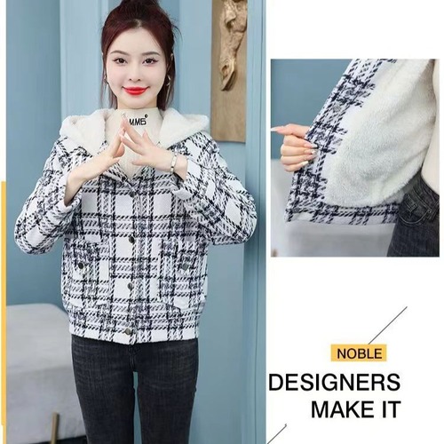 Winter New Short Length Coat for Petite Women, Fleece Lined and Thickened, Lamb Wool Hooded Plaid Maternity Short Jacket for Ladies