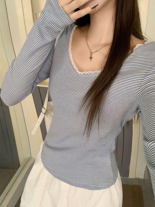 蓝白条纹蕾丝边露锁骨V领长袖T恤女秋季新款内搭打底衫修身上衣|undefined