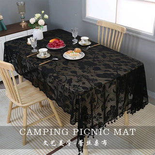 批发纯黑色花鸟图案蕾丝蕾丝带穗餐桌布现代简约家用室内茶几盖布