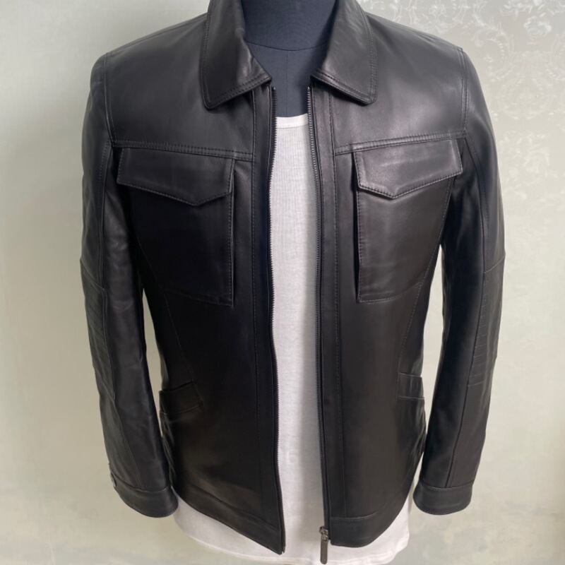 Autumn and Winter Genuine Leather Men's Lapel Multi-flap Pocket Pants Sheepskin Genuine Leather Outwear Leather down Jacket Casual Top Leather Jacket for Men