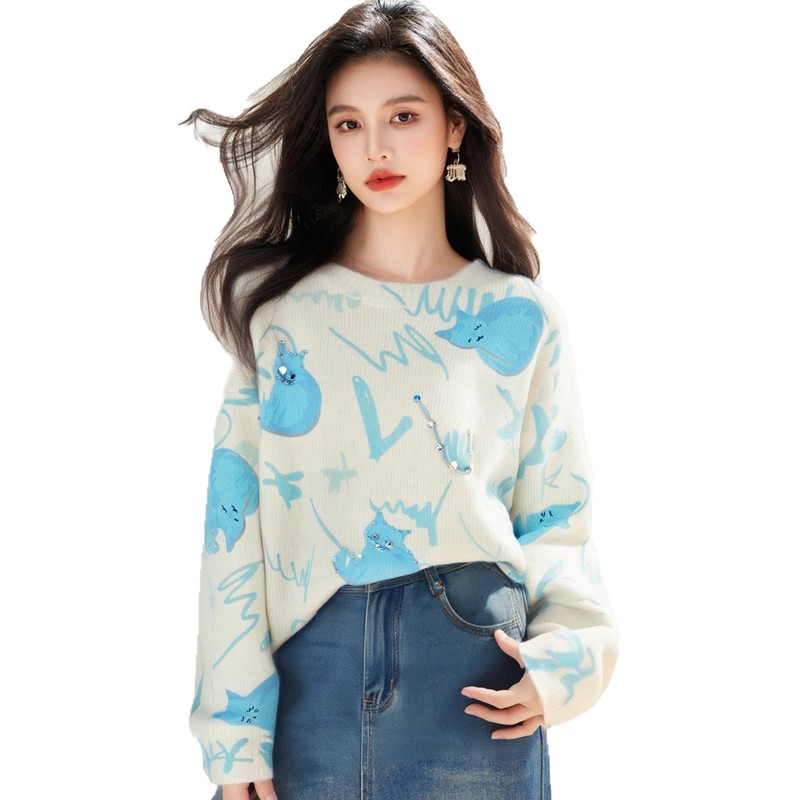 高级感重工烫钻软糯套头毛衣女秋冬宽松慵懒风巨好看独特针织上衣|undefined