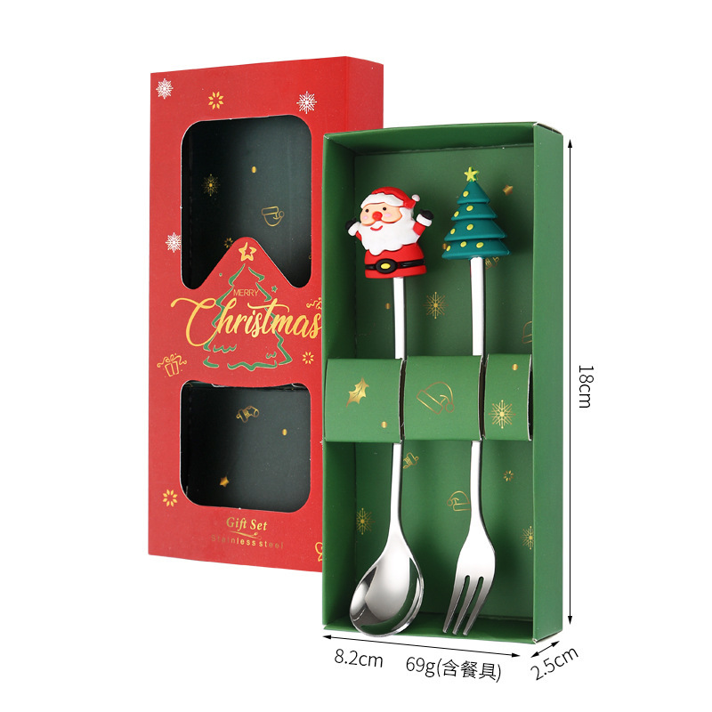 跨境不锈钢餐具趣味圣诞树圣诞老人硅胶叉勺子儿童两件套装礼品|undefined