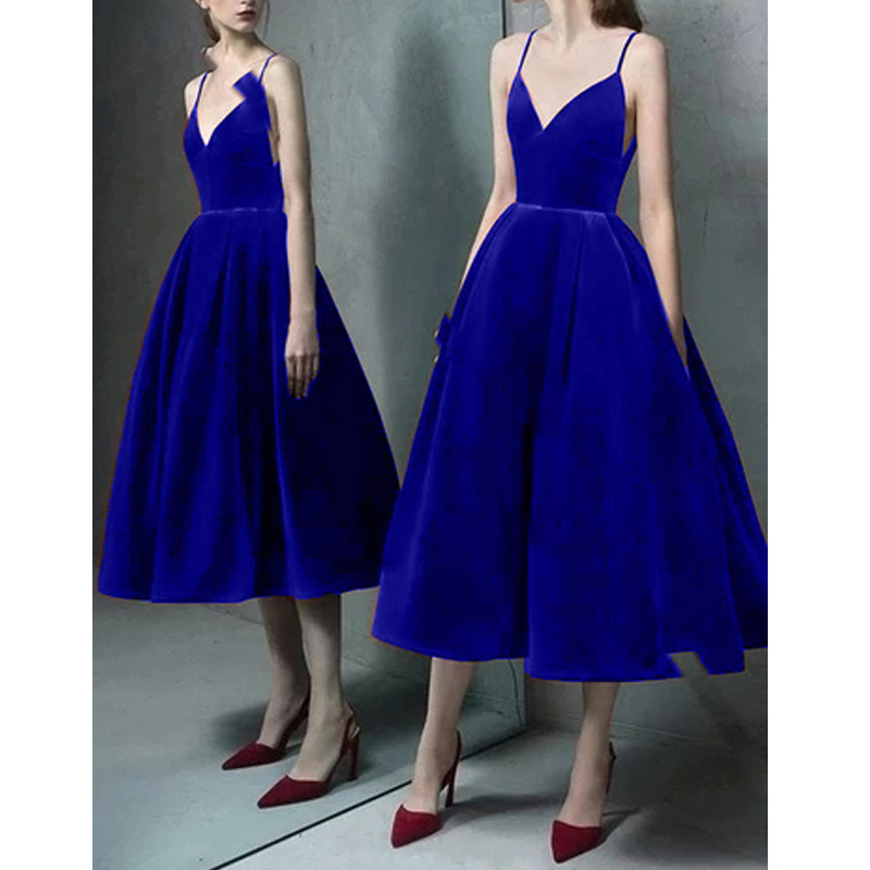 Nueva moda elegante estilo Socialite sin espalda Correa con cuello en V de media longitud vestido de color sólido vestido de banquete de las mujeres