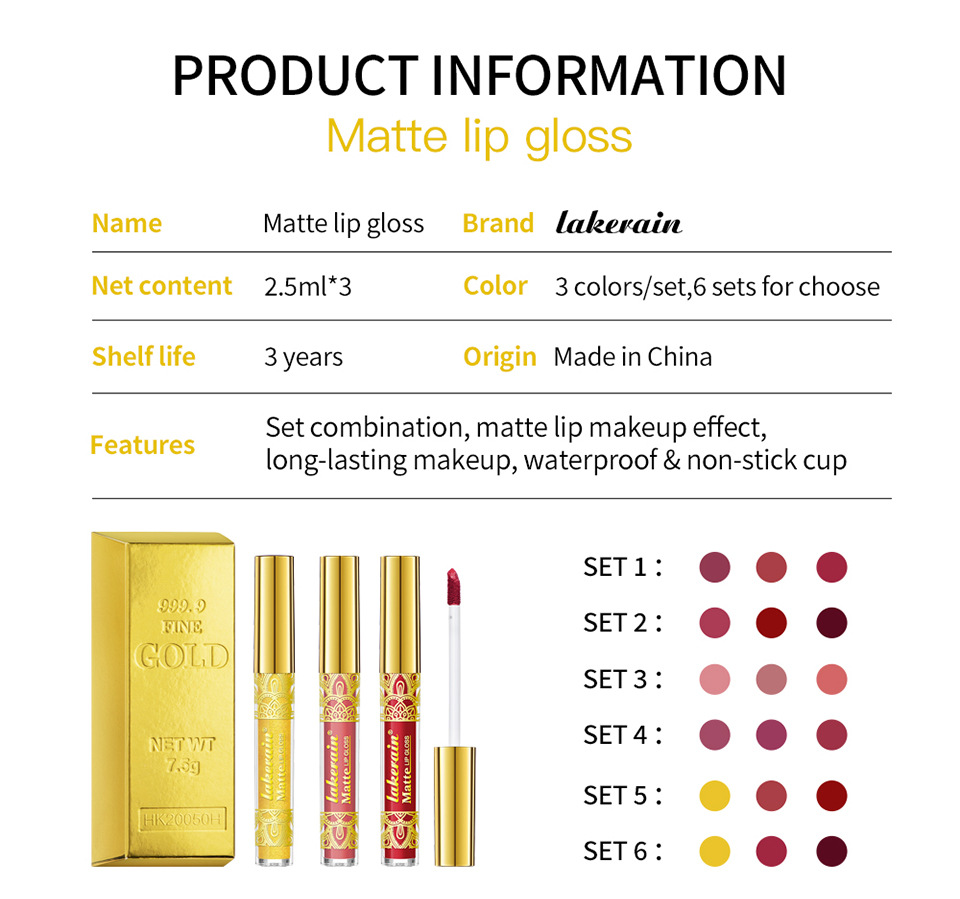 Cross-border lakerain Gold Lip gloss Matte non-Stick Cup Lip gloss Lipstick Three-piece set undefined