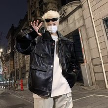 欧美高街hiphop机车服外套男潮高级感痞帅复古pu皮衣短款垫肩夹克