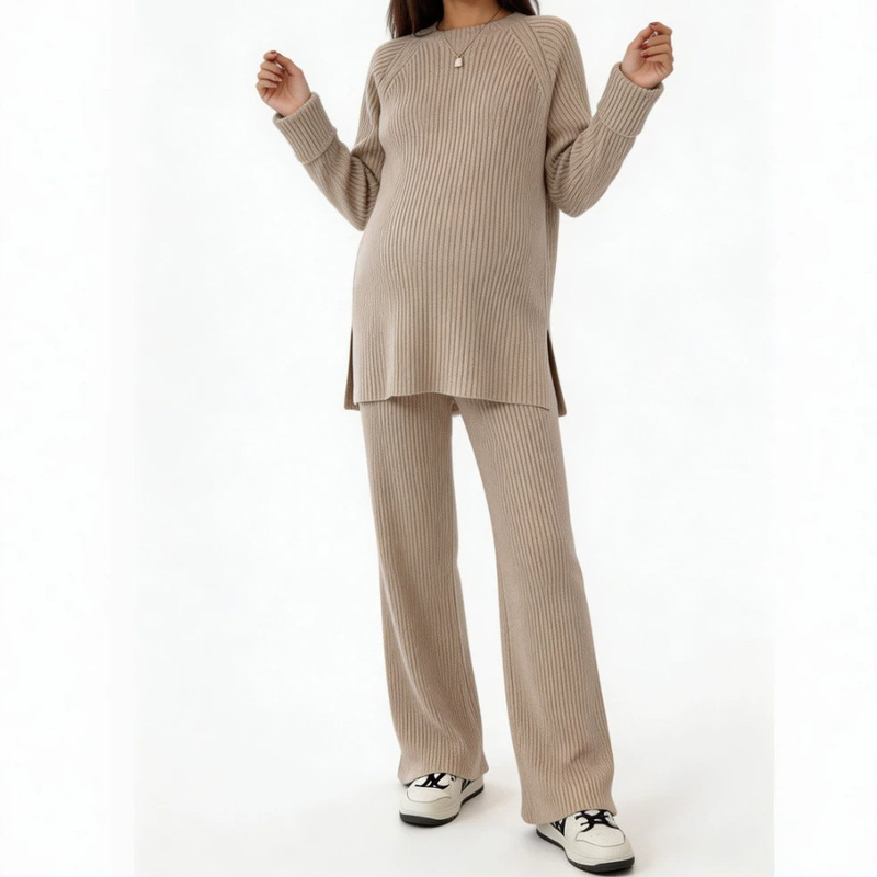 Korean-Style Retro Warm Slit Knit Sweater Set for Women, 2026 Autumn and Winter New Wide-Leg Pants, Lazy Style Two-Piece Set