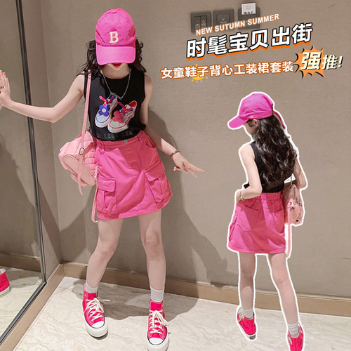 Girls' Vest Workwear Skirt Suit  Summer New Korean Version Medium and Large Children's Style Sleeveless T-Shirt Short Skirt Trendy