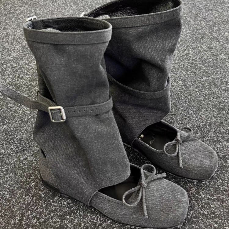 Linen Mid-Calf Boots for Women, Summer 2025, Bowknot Mary Jane Shoes, Hidden Heel Ballet Shoes, New Model 2026