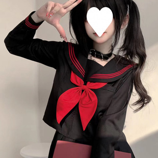 Authentic Jk Uniform Black and Red Three-Piece Sailor Suit Basic Japanese Style Middle School Uniform Academy Style Class Uniform School Uniform for Women