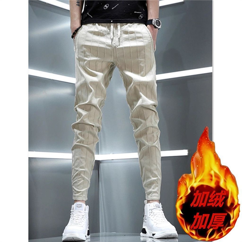 Winter Fleece-Lined Thickened High-End Casual Pants for Men, Striped Autumn Style Trendy Cropped Pants, Slim Fit Versatile Suit Pants