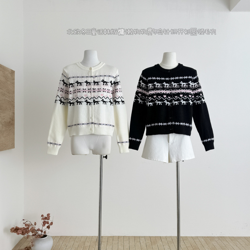 Schnei Nordic Winter Fairy Tale Korean Style Lazy Dog Fair Isle Knitted Cardigan Round Neck Sweater for Women 2026 New Model Schnei Nordic Winter Fairy Tale Korean Style Lazy Dog Fair Isle Knitted Cardigan Round Neck Sweater for Women 2026 New Model