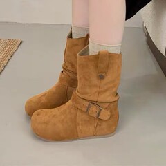 皮带扣厚底圆头磨砂短靴女2025秋冬新款内增高复古百搭堆堆时装靴