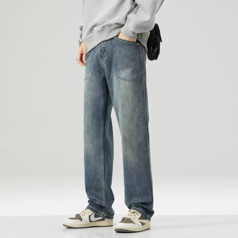 春季复古做旧水洗微弹牛仔裤男款休闲百搭宽松直筒阔腿裤贴袋盖袋