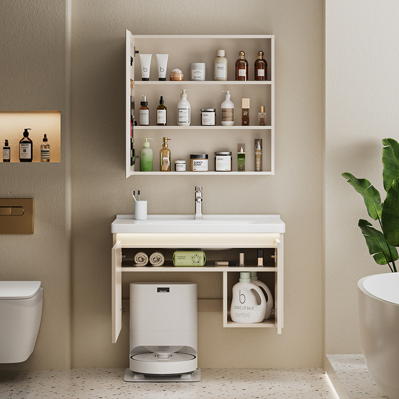Nuevo tipo de barredora impermeable espacio de aluminio panal colgado pared gabinete de baño combinado en una cuenca de cerámica gabinete de espejo de belleza inteligente