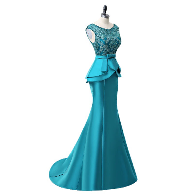 Nuevo vestido de noche vestido de novia europeo y americano Comercio exterior encaje con cuentas cuello redondo Amazon AliExpress deseo vestido de noche