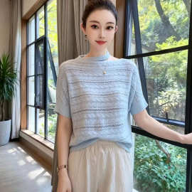 小众设计镂空提花挂脖露肩修身针织衫女2026夏季新款百搭透气短袖